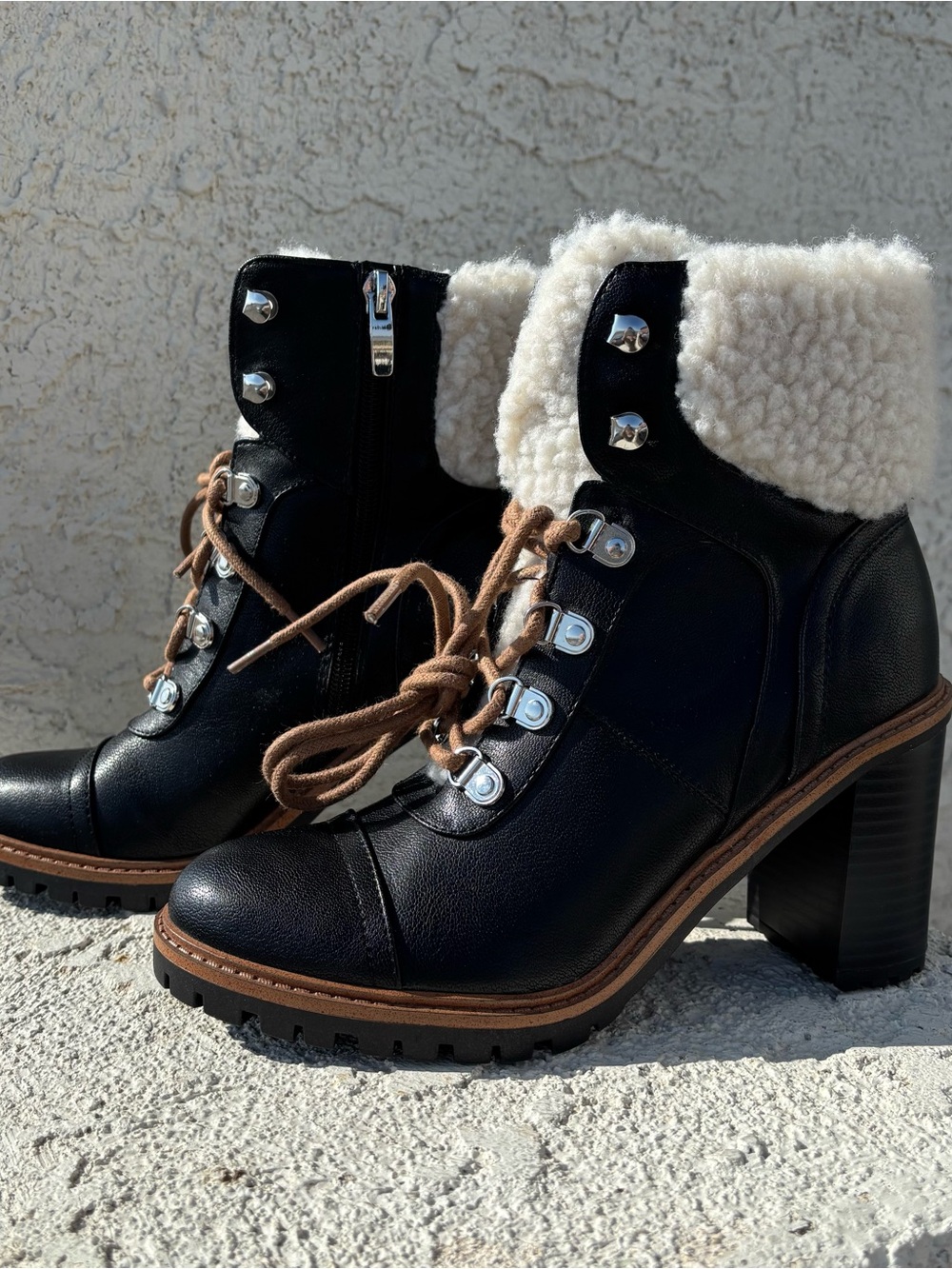 Nine West Black Lace-Up Block Heel Boots with Cream Faux-Shearling Cuff